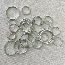 Load image into Gallery viewer, Textured Nickel Plated Silver Round CIrcle Links - 10mm to 20mm - Nickel Silver Plated - Package of 27 Links - The Attic Exchange