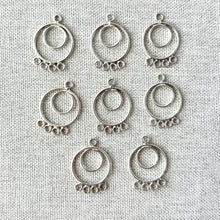 Load image into Gallery viewer, Circle Chandelier Drop - 15mm Round 4 Loops - Sterling Silver - Package of 8 delicate silver chandelier-style jewelry components with circular design and four small loops on each piece.