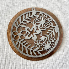 Load image into Gallery viewer, Topaz Shell and Silver Flower Drop Pendant - 58mm - boho pendant - flower - shell with intricate silver floral cutout design on a round shell base, perfect for boho jewelry styles.