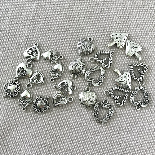 Silver Heart Charm Mix - Tibetan Silver - Mixed Sizes - Package of 22 Charms - The Attic Exchange