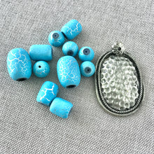 Load image into Gallery viewer, Turquoise Crackle Acrylic and Oval Silver Plated Pendant Kit - Mixed Sizes - Turquoise Blue - Package of 12 Pieces - The Attic Exchange