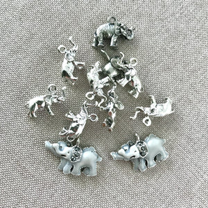 3D Elephant Charms - Silver Plated - Rhinestone and Enamel - 18mm and 24mm - Package of 11 Charms - The Attic Exchange