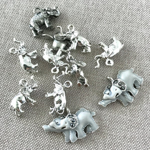 3D Elephant Charms - Silver Plated - Rhinestone and Enamel - 18mm and 24mm - Package of 11 Charms - The Attic Exchange