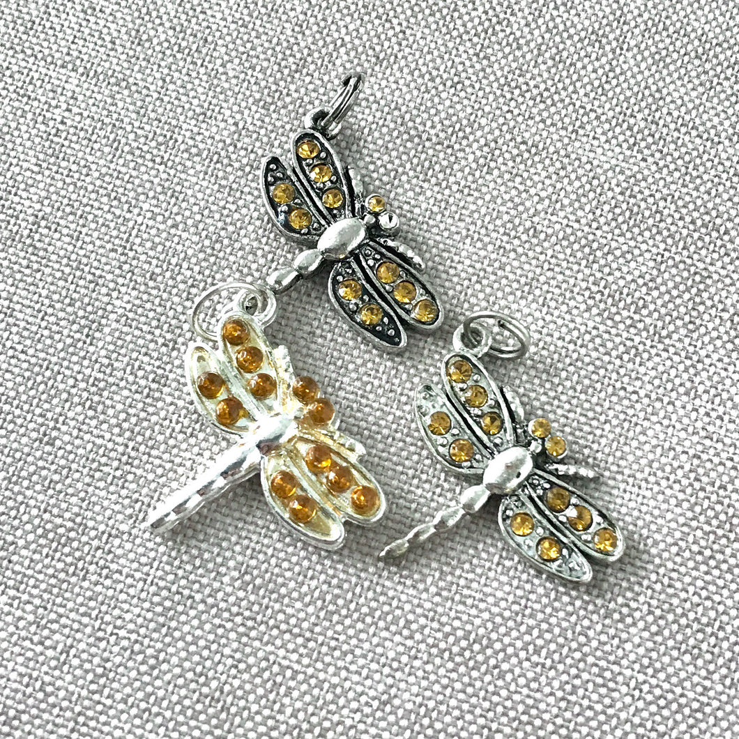 Amber Rhinestone Dragonfly Charms - 18mm x 22mm - Silver Plated - Package of 3 Charms - The Attic Exchange