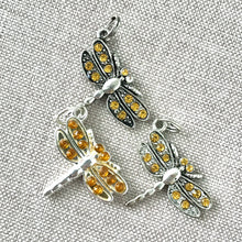 Load image into Gallery viewer, Amber Rhinestone Dragonfly Charms - 18mm x 22mm - Silver Plated - Package of 3 Charms - The Attic Exchange