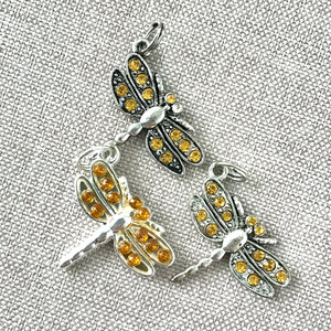 Amber Rhinestone Dragonfly Charms - 18mm x 22mm - Silver Plated - Package of 3 Charms - The Attic Exchange