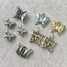 Load image into Gallery viewer, Silver Butterfly Charm Mix - Some Enamel - Silver Plated - Mixed Sizes - Package of 9 Charms - The Attic Exchange