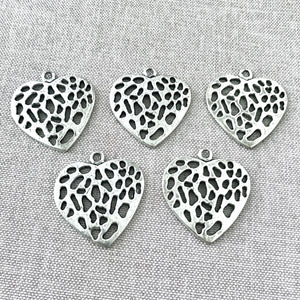 Antique Silver Plated Large Textured Heart Charms - 30mm - Antiqued Silver-Plated - Package of 5 Charms - The Attic Exchange