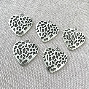 Antique Silver Plated Large Textured Heart Charms - 30mm - Antiqued Silver-Plated - Package of 5 Charms - The Attic Exchange