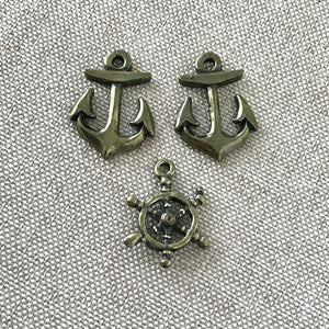 Nautical Charms - Anchor, Wheel - Antique Gold - Package of 3 Charms - The Attic Exchange