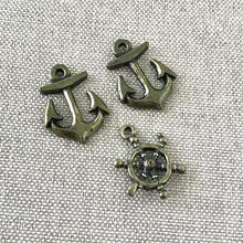 Load image into Gallery viewer, Nautical Charms - Anchor, Wheel - Antique Gold - Package of 3 Charms - The Attic Exchange