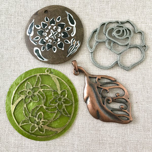 Pendant Set - Flower Coconut Shell Green Capiz Shell Copper Antique Silver Plated - Large Pendants - Package of 4 Pendants - Blue Moon Beads - The Attic Exchange