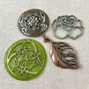Pendant Set - Flower Coconut Shell Green Capiz Shell Copper Antique Silver Plated - Large Pendants - Package of 4 Pendants - Blue Moon Beads - The Attic Exchange