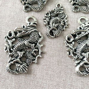 Dragon Charms - Antiqued Silver-Plated - Large - Package of 5 Charms - The Attic Exchange