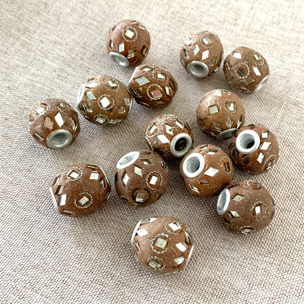 Boho Brown Clay and Diamond Barrel Beads - 14mm - Barrel - Package of 14 Beads - The Attic Exchange
