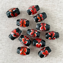 Load image into Gallery viewer, Black and Red Feather Glass Beads - Oval - 12mm x 15mm - Package of 12 Beads - The Attic Exchange