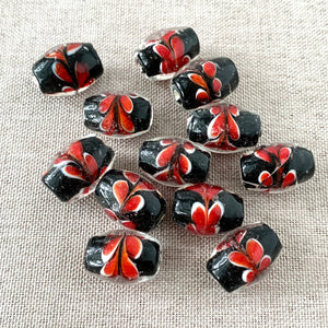 Black and Red Feather Glass Beads - Oval - 12mm x 15mm - Package of 12 Beads - The Attic Exchange