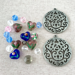 Glass Heart Flower Garden Pewter Mix - 37mm Pendant, Glass Beads - The Attic Exchange