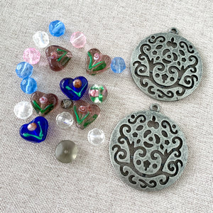 Glass Heart Flower Garden Pewter Mix - 37mm Pendant, Glass Beads - The Attic Exchange