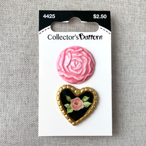 4425 Rose and Heart - Collectors Buttons - 1 Hole Shank Buttons - 25mm - Pink Gold Black