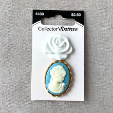 Load image into Gallery viewer, 4430 Rose and Cameo - Collectors Buttons - 1 Hole Shank Buttons - 34mm 25mm - White Blue Gold