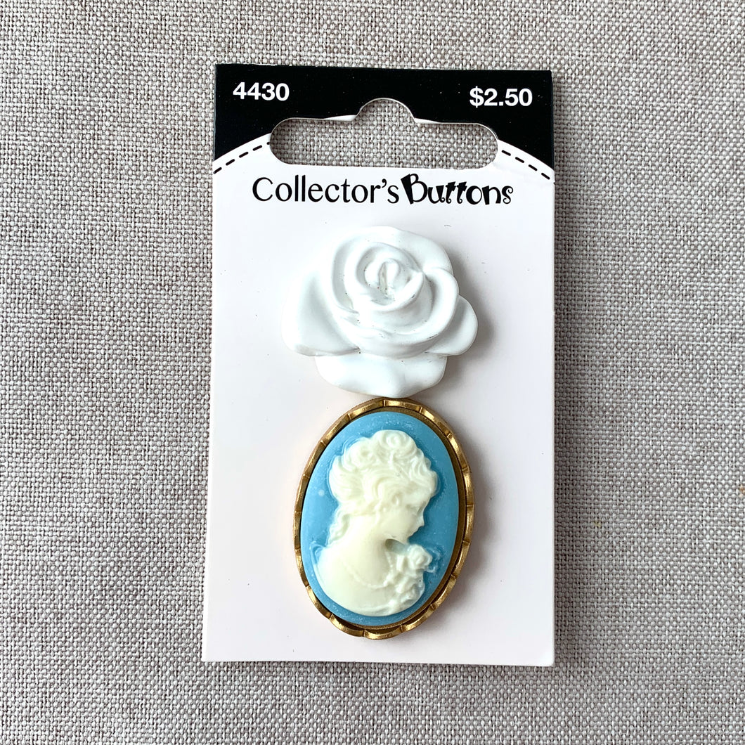 4430 Rose and Cameo - Collectors Buttons - 1 Hole Shank Buttons - 34mm 25mm - White Blue Gold