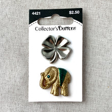 Load image into Gallery viewer, 4421 Elephant and Clover - Collectors Buttons - 1 Hole Shank Buttons - Assorted Sizes - Silver Gold Green
