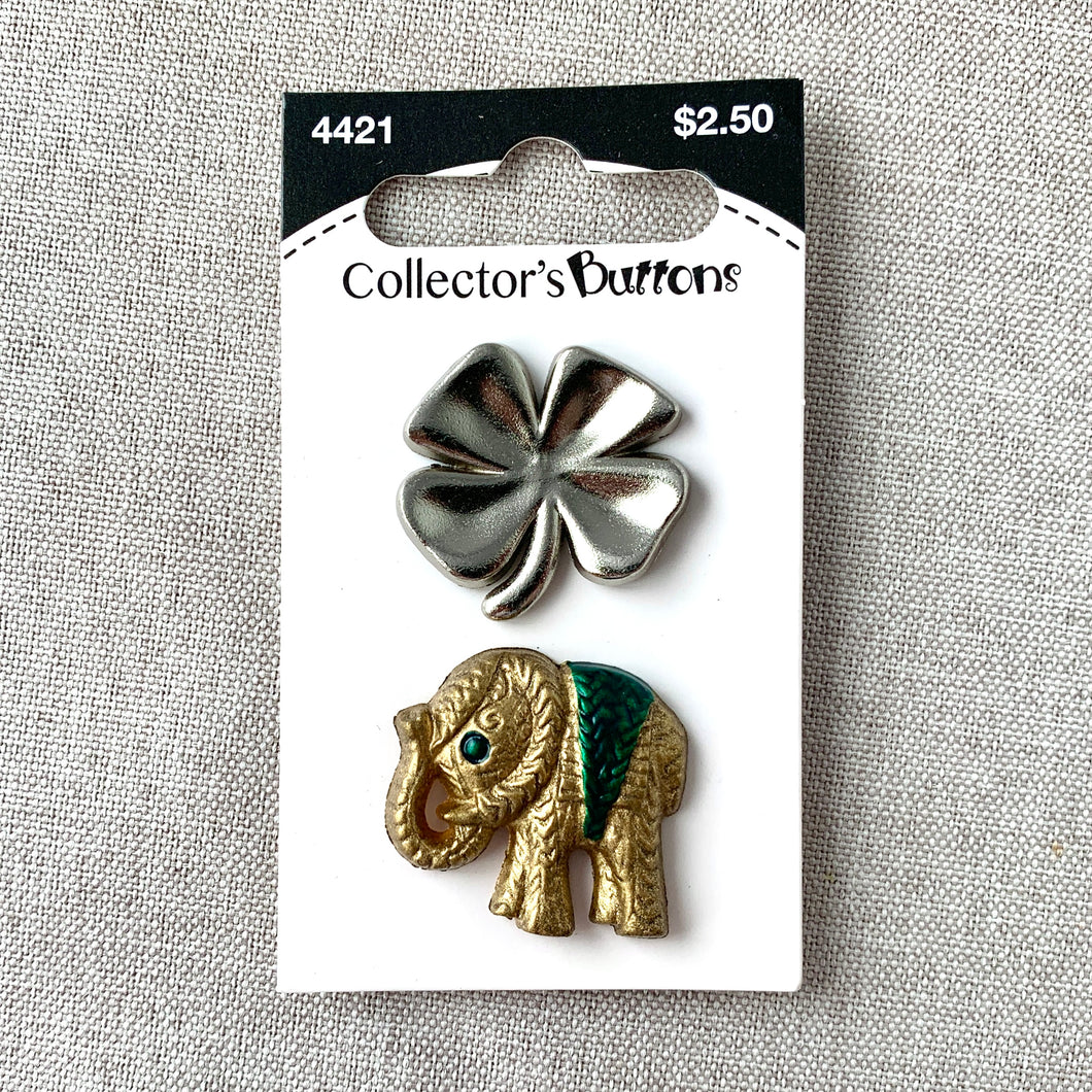 4421 Elephant and Clover - Collectors Buttons - 1 Hole Shank Buttons - Assorted Sizes - Silver Gold Green