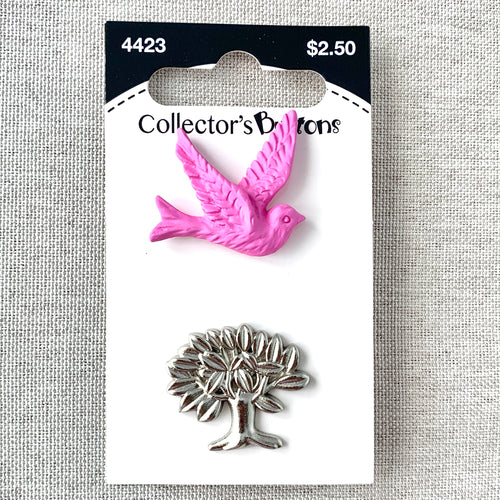 4423 Bird and Tree - Collectors Buttons - 1 Hole Shank Buttons - 25mm 32mm - Pink Silver