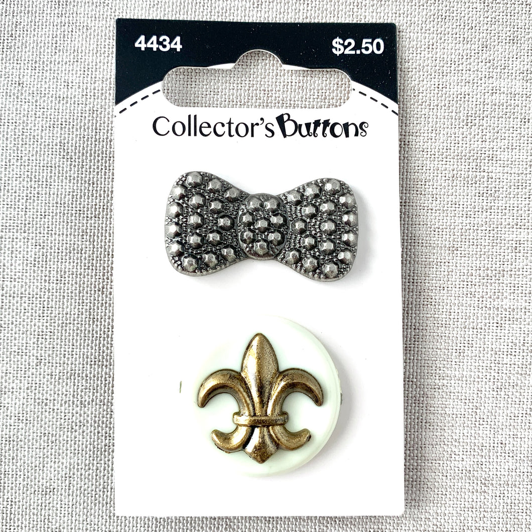 4434 Bow and Fleur de Lis - Collectors Buttons - 1 Hole Shank Buttons - Assorted Sizes - Silver Bronze