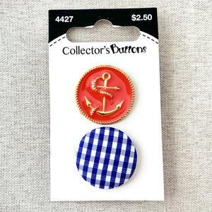 4427 Anchor and Gingham - Collectors Buttons - 1 Hole Shank Buttons - 25mm - Red Blue
