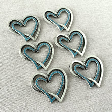 Load image into Gallery viewer, Antique Silver Aqua Blue Enamel Heart Charm Pendants - 28mm x 31mm - Package of 6 Pendants - The Attic Exchange