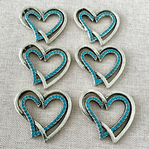Antique Silver Aqua Blue Enamel Heart Charm Pendants - 28mm x 31mm - Package of 6 Pendants - The Attic Exchange