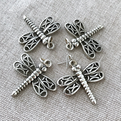 Pewter Dragonfly Charms - Tibetan Silver Dragonfly - 25mm Large Pendant Charms - Pack of 4 Dragonflies - The Attic Exchange