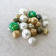 Load image into Gallery viewer, Filigree Ball Charms - Holiday Themed - Silver Gold Gunmetal Beaded - Assorted - Package of 21 Balls - The Attic Exchange