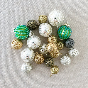 Filigree Ball Charms - Holiday Themed - Silver Gold Gunmetal Beaded - Assorted - Package of 21 Balls - The Attic Exchange