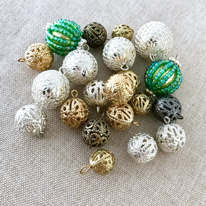 Filigree Ball Charms - Holiday Themed - Silver Gold Gunmetal Beaded - Assorted - Package of 21 Balls - The Attic Exchange