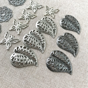 Silver and Gunmetal Plated Filigree Connector Charms - Silver and Gunmetal Plated - Leaf Butterfly Circle - Package of 17 Pieces - The Attic Exchange