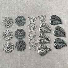 Load image into Gallery viewer, Silver and Gunmetal Plated Filigree Connector Charms - Silver and Gunmetal Plated - Leaf Butterfly Circle - Package of 17 Pieces - The Attic Exchange