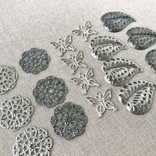 Load image into Gallery viewer, Silver and Gunmetal Plated Filigree Connector Charms - Silver and Gunmetal Plated - Leaf Butterfly Circle - Package of 17 Pieces - The Attic Exchange