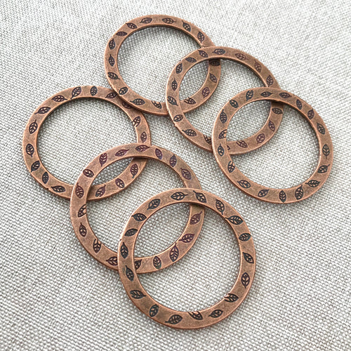 Antique Copper Flower and Leaf Inscribed Round Circle Links - 32mm - Metal Loop - Antiqued Copper - Package of 6 - The Attic Exchange