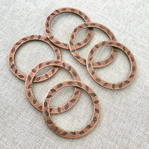Antique Copper Flower and Leaf Inscribed Round Circle Links - 32mm - Metal Loop - Antiqued Copper - Package of 6 - The Attic Exchange