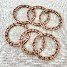 Load image into Gallery viewer, Antique Copper Flower and Leaf Inscribed Round Circle Links - 32mm - Metal Loop - Antiqued Copper - Package of 6 - The Attic Exchange