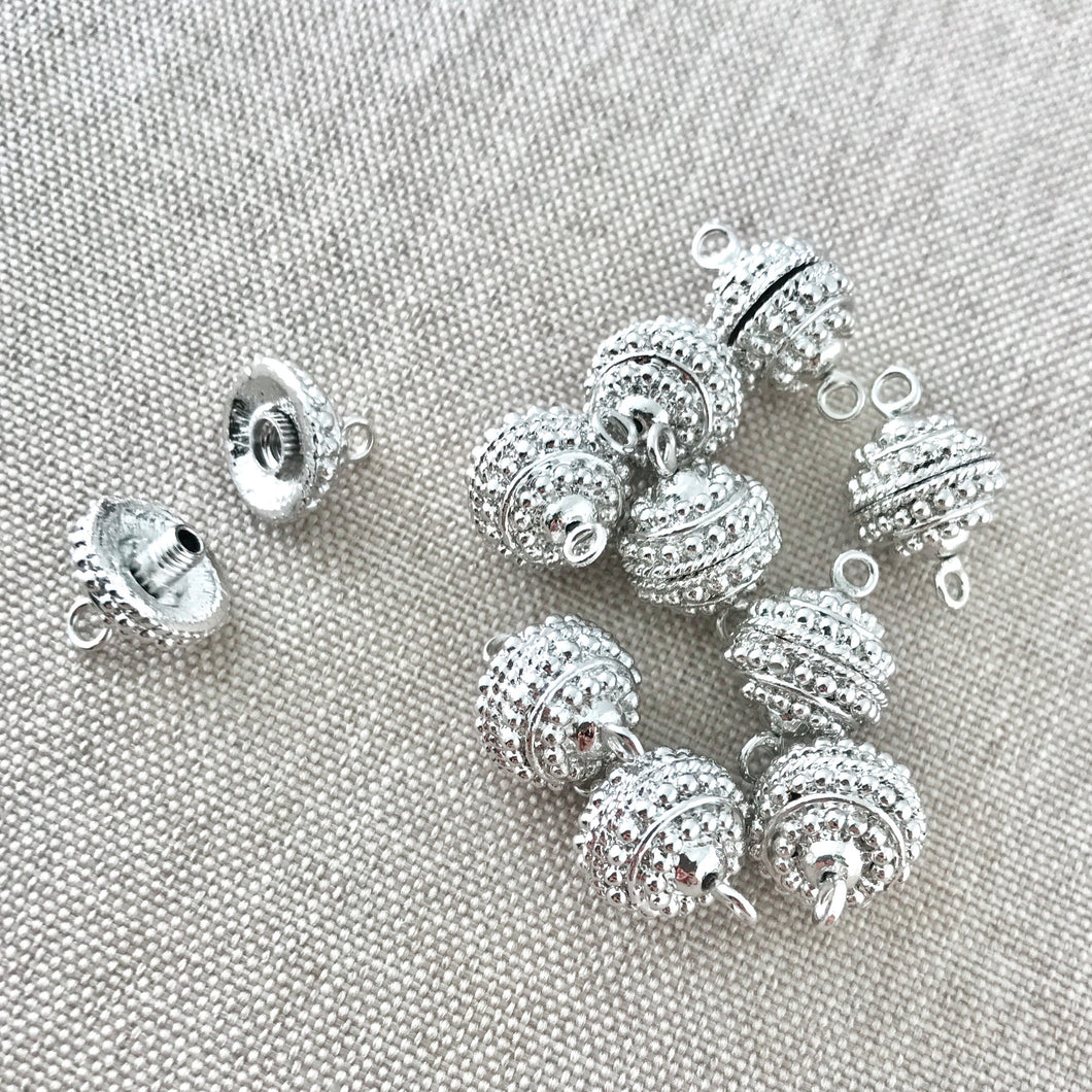 Rhodium Silver Round Beaded Screw Clasps - 10mm - Rhodium Silver Plated - Anti Tarnish - Package of 10 Clasp Sets - The Attic Exchange