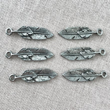 Load image into Gallery viewer, Antique Silver Feather Charms - 30mm - Antique Silver Cast Pewter - Pack of 6 Charms - The Attic Exchange