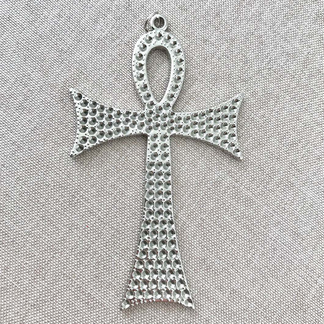 Ankh Cross Rhinestone Pendant Frame - Extra Large - Silver Plated - 92mm x 55mm - Package of 1 Pendant - The Attic Exchange