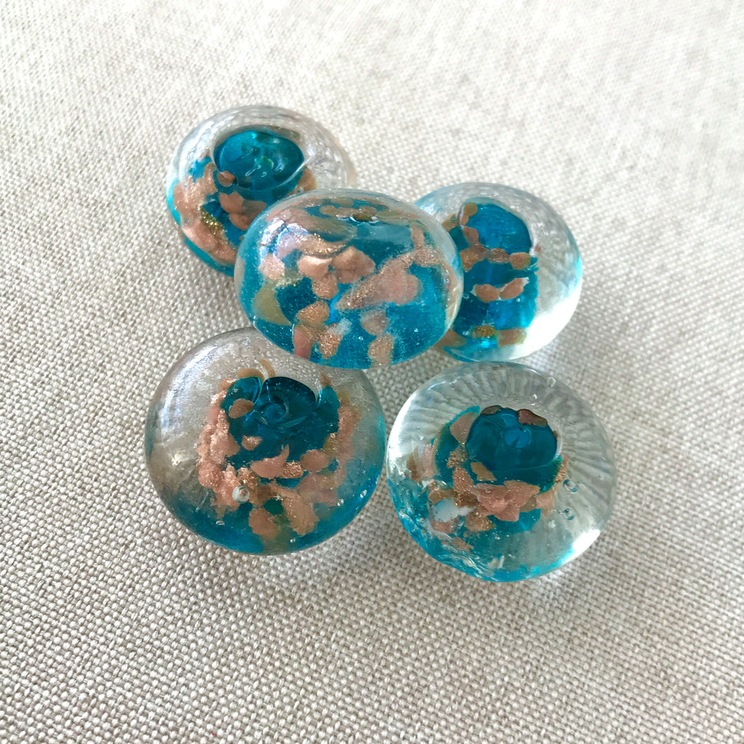 Blue and Copper Speckled Glass Beads - 22mm x 11mm - Painted Blue Glass Beads - Rondelle - Package of 5 Handmade Beads - The Attic Exchange