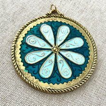 Load image into Gallery viewer, Blue Flower Brass Pendant - Enameled and Brass - Blue and Teal Flower - 47mm - Package of One Pendant - The Attic Exchange