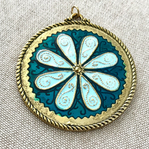Blue Flower Brass Pendant - Enameled and Brass - Blue and Teal Flower - 47mm - Package of One Pendant - The Attic Exchange