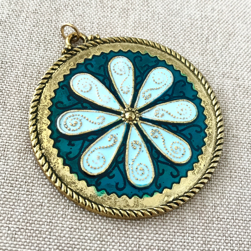 Blue Flower Brass Pendant - Enameled and Brass - Blue and Teal Flower - 47mm - Package of One Pendant - The Attic Exchange